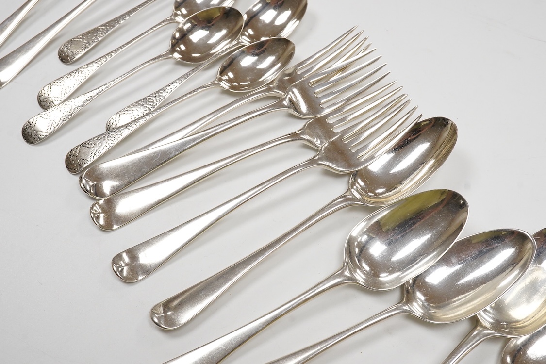 A set of six George III silver Hanoverian pattern dessert forks, Christopher & Thomas Wilkes Barker, London, 1802, together with six 18th century silver base mark dessert spoons and a set of six late Victorian engraved s